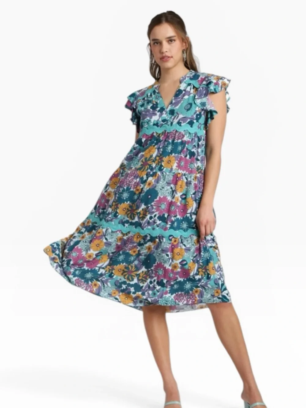 Umgee Floral Print Ric Rac Midi Dress Ruffle Ruffle Sleeve Size Small - Picture 3 of 13